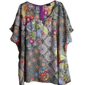 BOBEAU Blouse Long‎ Tunic Top Plus Size 2X Kimono Floral Garden Novelty Print